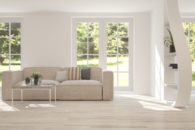 white room with sofa and green landscape in window. scandinavian interior design. 3d illustration