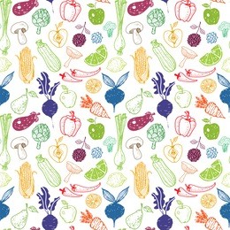 seamless background with doodle vegetables and fruits. vector sketch illustration. can be used for wallpaper, pattern fills, textile, web page background, surface textures. 