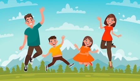 happy family on a background of mountain scenery. dad, mom son and daughter are jumping on the lawn. vector illustration in cartoon style