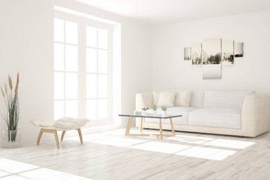 white room with sofa. scandinavian interior design. 3d illustration