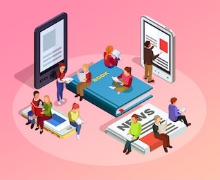reading people isometric composition women men and family sitting on books newspapers and read vector illustration