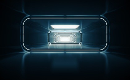 spaceship corridor. futuristic tunnel with light, interior view. future background, business, sci-fi or science concept. 3d rendering