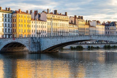 the river saone and one of its bridges in the city center of lyon