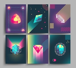 retro trendy vector hipster posters, 3d card with crystals, abstract geometric shapes