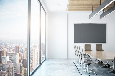 modern conference room with empty chalkboard with city view. mock up, 3d rendering