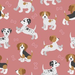 seamless pattern with funny puppies. beagle, dalmatian, jack russell terrier