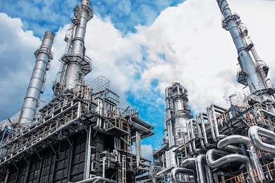 close up industrial view at oil refinery plant form industry zone with cloudy sky