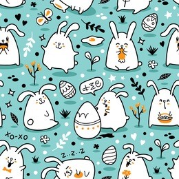  vector seamless doodle easter pattern with bunnies for wallpaper, web page background, surface textures, textile, fabrics, wrapping papers