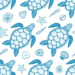 seamless pattern with sea turtle and shells in line art style. hand drawn vector illustration. top view. design for coloring book. ocean elements