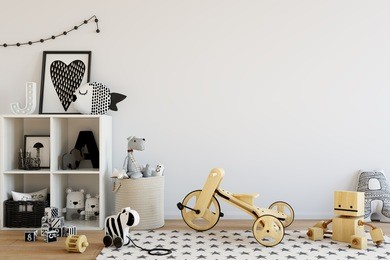 mock up wall in child room interior. interior scandinavian style. 3d rendering, 3d illustration
