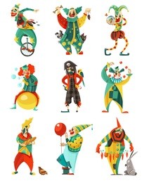 funny circus clowns isolated decorative icons set in color with trick cycle pirate costume and balloon vector illustration