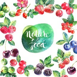 eco food organic cafe menu frame design. watercolor hand drawn natural fresh fruits and berries with blotch banner on white background