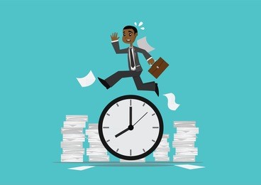 cartoon character, african businessman running on time., vector eps10