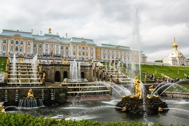 the fountains of the grand cascade. peterhof palace of peter 1. st. petersburg.