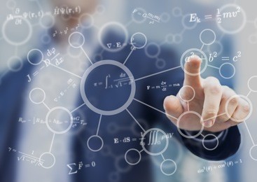 student or teacher touching mathematical and scientific concepts, symbols and equations on a virtual screen interface