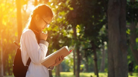 asian student girl reading book in the park with sun shining, education background