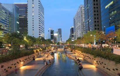 cheonggyecheon stream and seoul cityscape