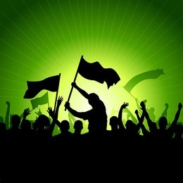 a crowd of people with flags and banners. vector illustration