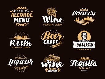 menu bar, icons set. labels of alcoholic drinks such as wine, brandy, rum, craft beer, whiskey, liqueur, tequila. symbols, vector illustration
