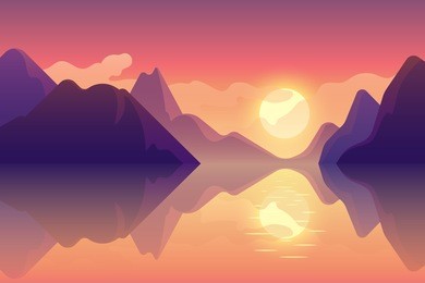 abstract image of a sunset or dawn sun over the mountains at the background and river or lake at the foreground. mountain landscape. vector illustration