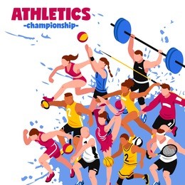 colorful sport isometric poster with active players sportsmen and athletes on splash background vector illustration