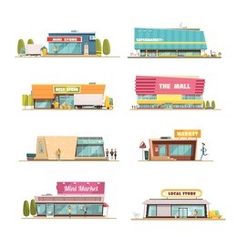 store buildings set with mall and local shop symbols cartoon isolated vector illustration 