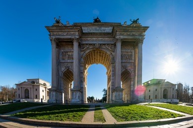 arco della pace (porta sempione) sunrise in milan italy traveling sightseeing destination winter 2016 blue sky outdoors beautiful monument architecture
