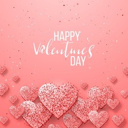 happy valentine day festive sparkle layout template design. glitter red hearts on red background with frame, border. lettering valentine day card vector illustration.