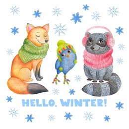cozy grey raccoon with owlet in the knitted cap and fox in scarf. watercolor hand-drawn cute cartoon greeting card with quote "hello winter". warm and happy holidays greetings. 