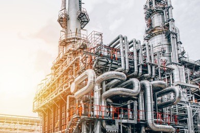 industrial zone,the equipment of oil refining,close-up of industrial pipelines of an oil-refinery plant,detail of oil pipeline with valves in large oil refinery.