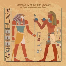 tuthmosis iv and horus, the temple of hatshepsut, luxor, egypt, vector illustration.