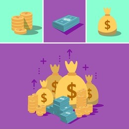 huge money pile. stacked packs of dollar bills and gold coins. 