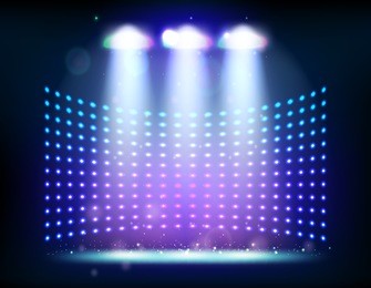 scene illumination show, bright lighting with spotlights, floodlight disco vector illustration