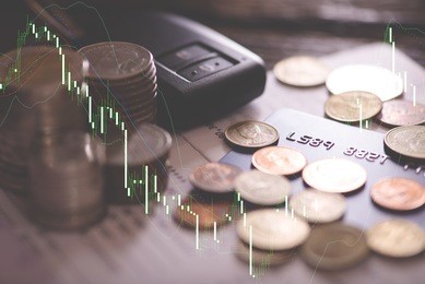 double exposure of rows of coins on the account book, credit card and car key remote. finance and banking concept