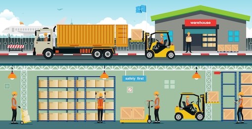 warehouse workers are arranging goods on the shelves.