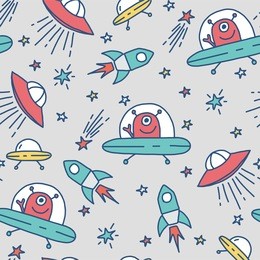 seamless vector pattern with space rockets, spaceship, and stars.  flying saucers. unknown flying object. ufo. it can be used as wallpaper, wrapping, fabric or your design. baby background.