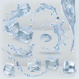 water splashing and ice cube with transparency, 3d vector set