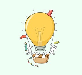 sketch of working little people with flying lamp idea. doodle cute miniature scene of creative workers. hand drawn cartoon vector illustration for business design and infographic.