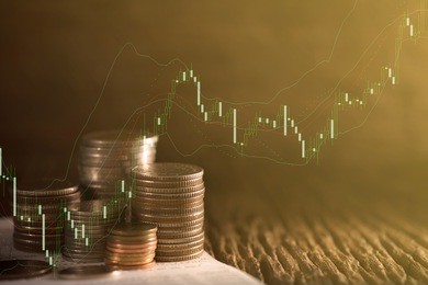 double exposure of rows of coins and account book, finance and banking concept.