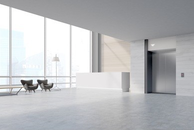 side view of an office waiting area with a reception desk, two armchairs and a table. a steel elevator door is in the right part of the image. 3d rendering. mock up.