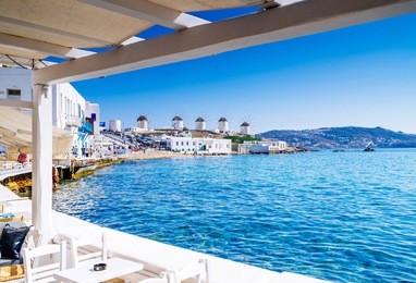 view on famous windmills of mykonos, greece
