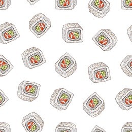  seamless pattern sushi boston rolls, color
