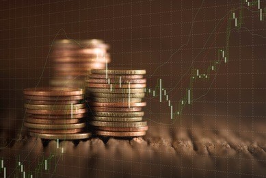 double exposure of rows of coins. finance and banking concept.