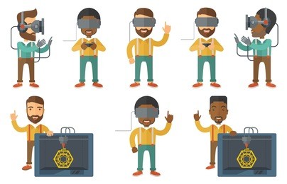 man wearing virtual relaity headset. gamer in virtual reality headset playing video games. man in gamer gloves playing video game. set of vector flat design illustrations isolated on white background.