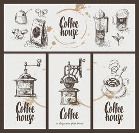 set vector business card with drawing utensils for drinking coffee