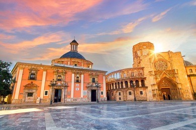 valencia spain square of saint mary's architecture at sunrise.