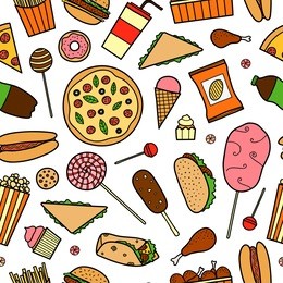 seamless pattern with colorful hand drawn fast food meals.