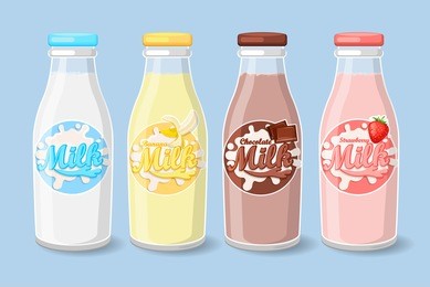 bottles with strawberry, banana and chocolate milk label template. vector illustration.