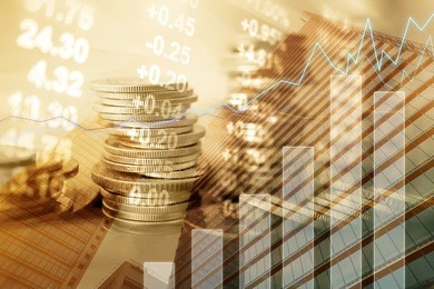 double exposure of city, graph, stock display and money for finance and business concept