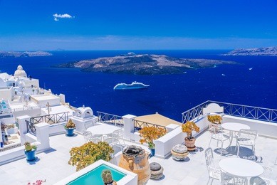 santorini volcanic caldera as seen from fira, capital of santorini, greece